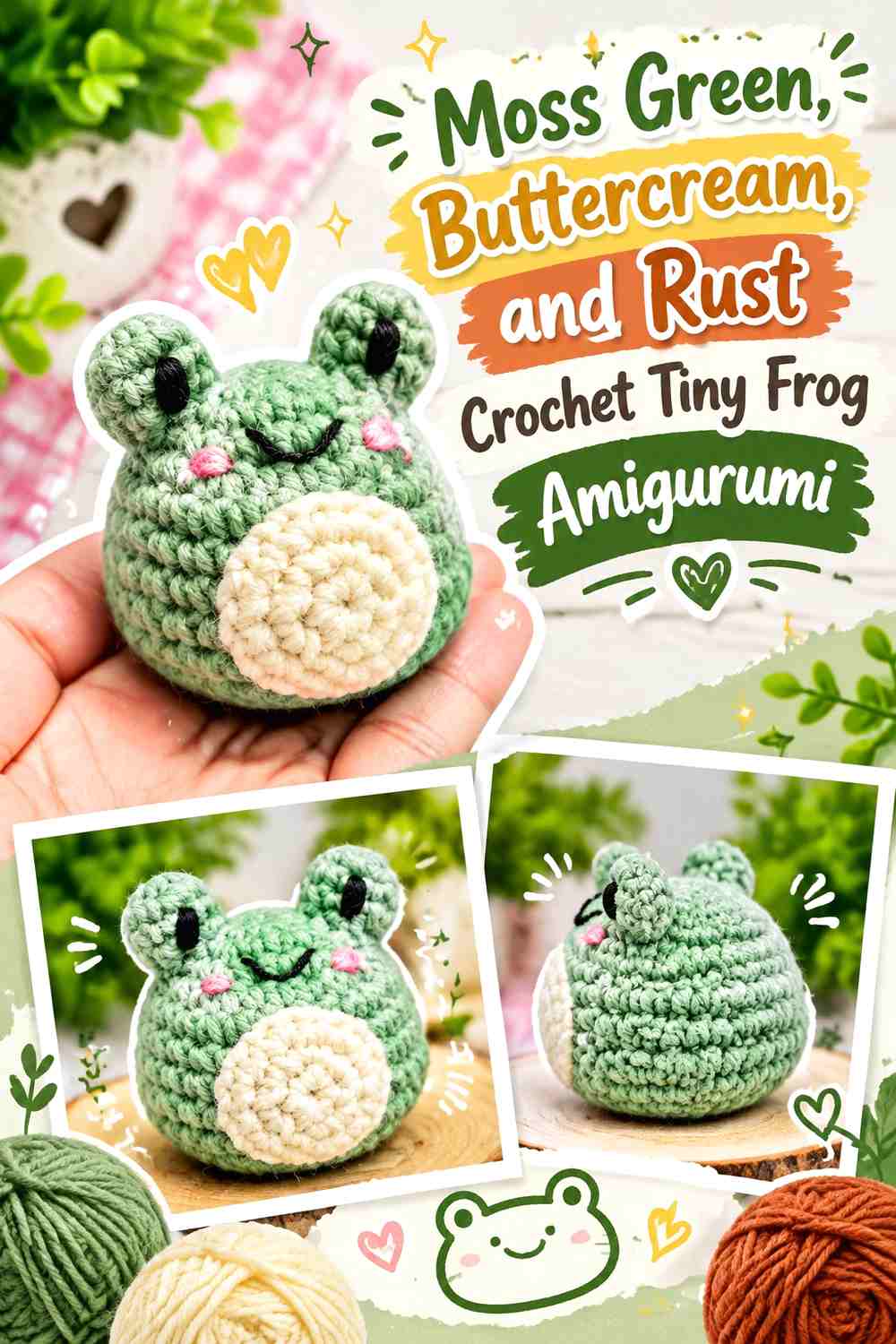 Moss Green, Buttercream, and Rust Crochet Tiny Frog Amigurumi