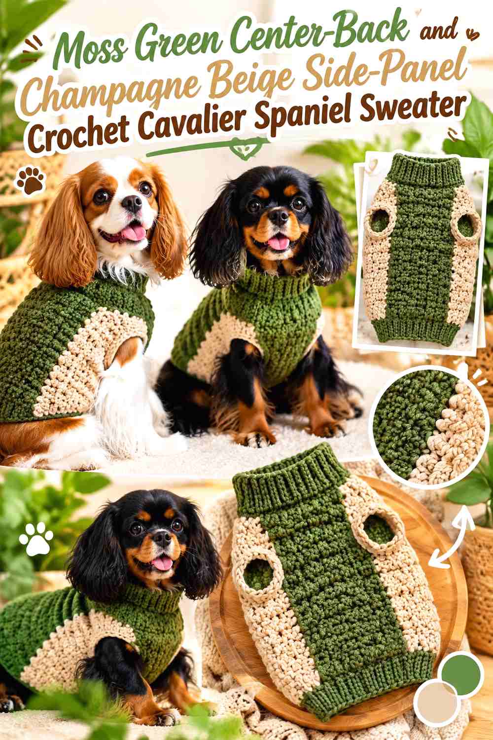Moss Green Center-Back and Champagne Beige Side-Panel Crochet Cavalier Spaniel Sweater