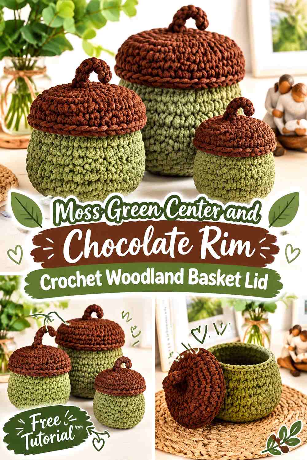 1. Moss Green Center And Chocolate Rim Crochet Woodland Basket Lid
