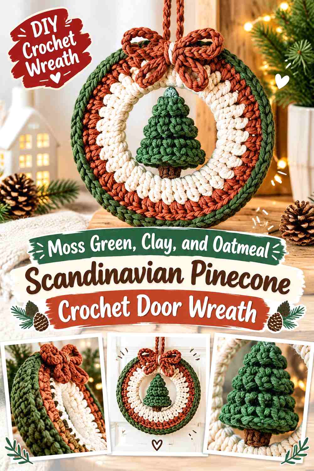 Moss Green, Clay, and Oatmeal Scandinavian Pinecone Crochet Door Wreath