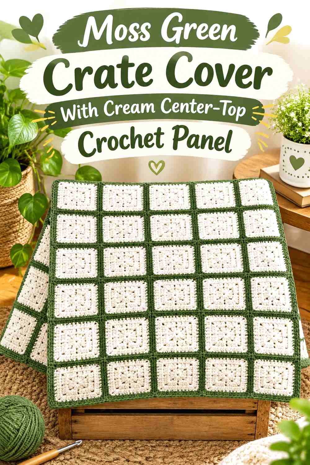 Moss Green Crate Cover With Cream Center-Top Crochet Panel