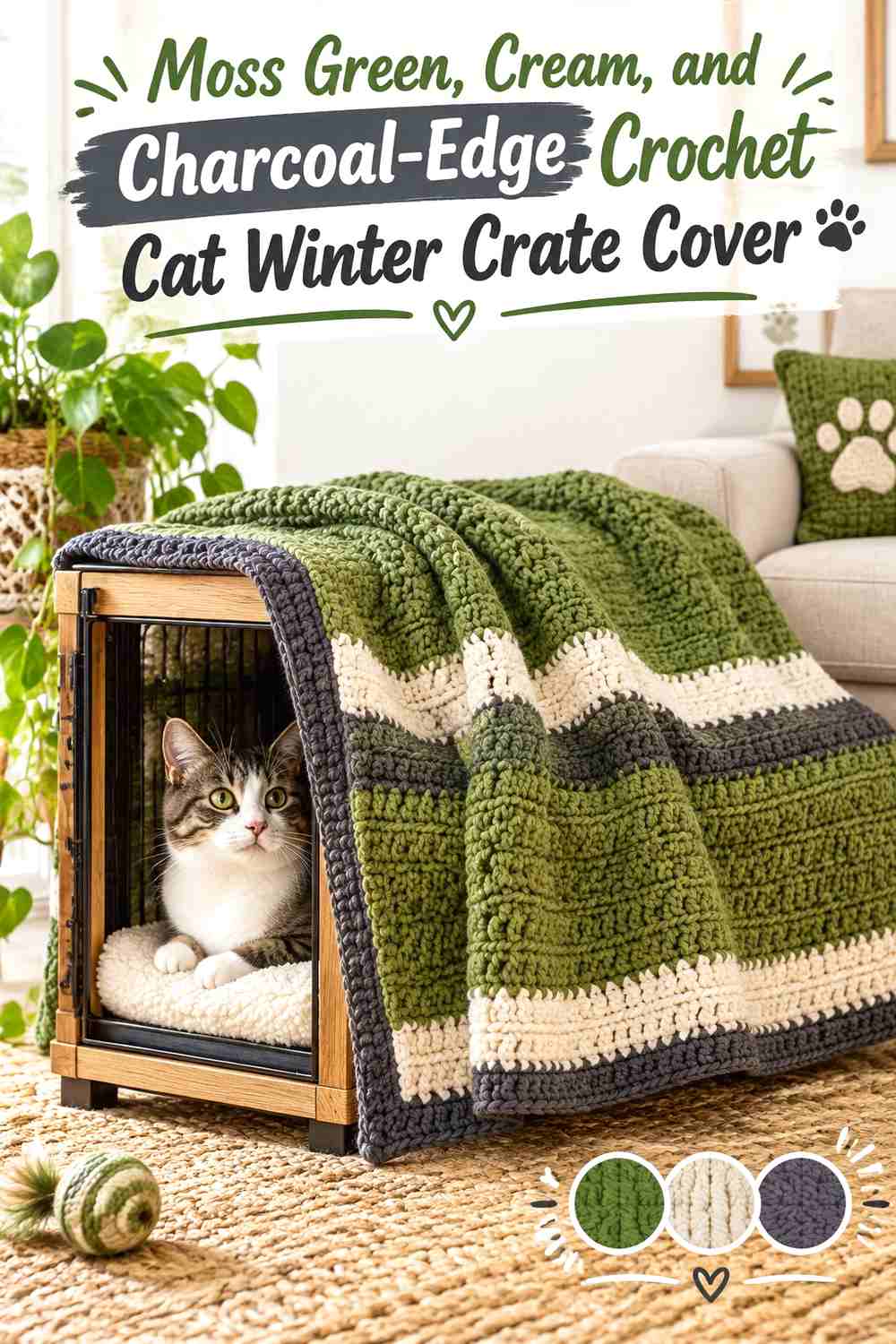 Moss Green, Cream, and Charcoal-Edge Crochet Cat Winter Crate Cover