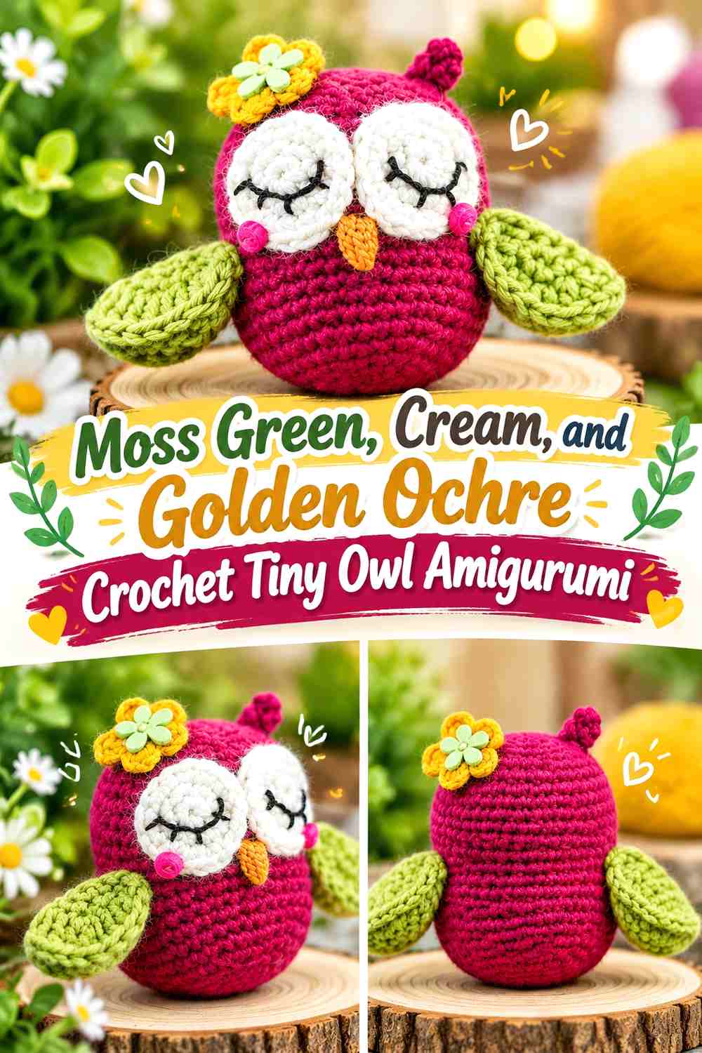 Moss Green, Cream, and Golden Ochre Crochet Tiny Owl Amigurumi