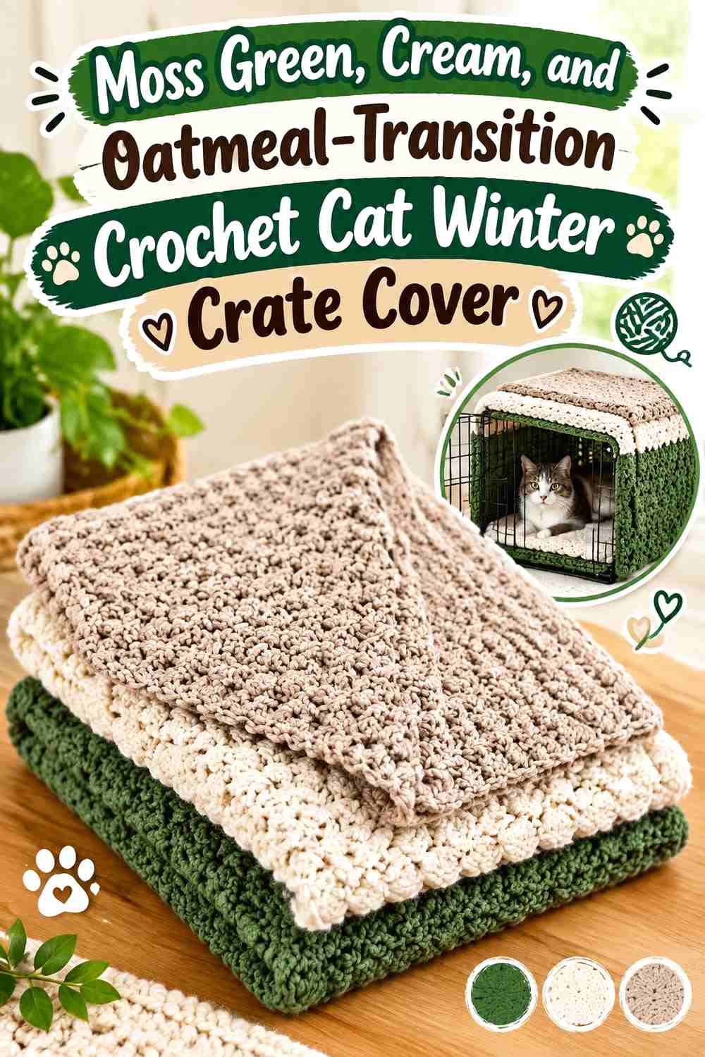 Moss Green, Cream, and Oatmeal-Transition Crochet Cat Winter Crate Cover
