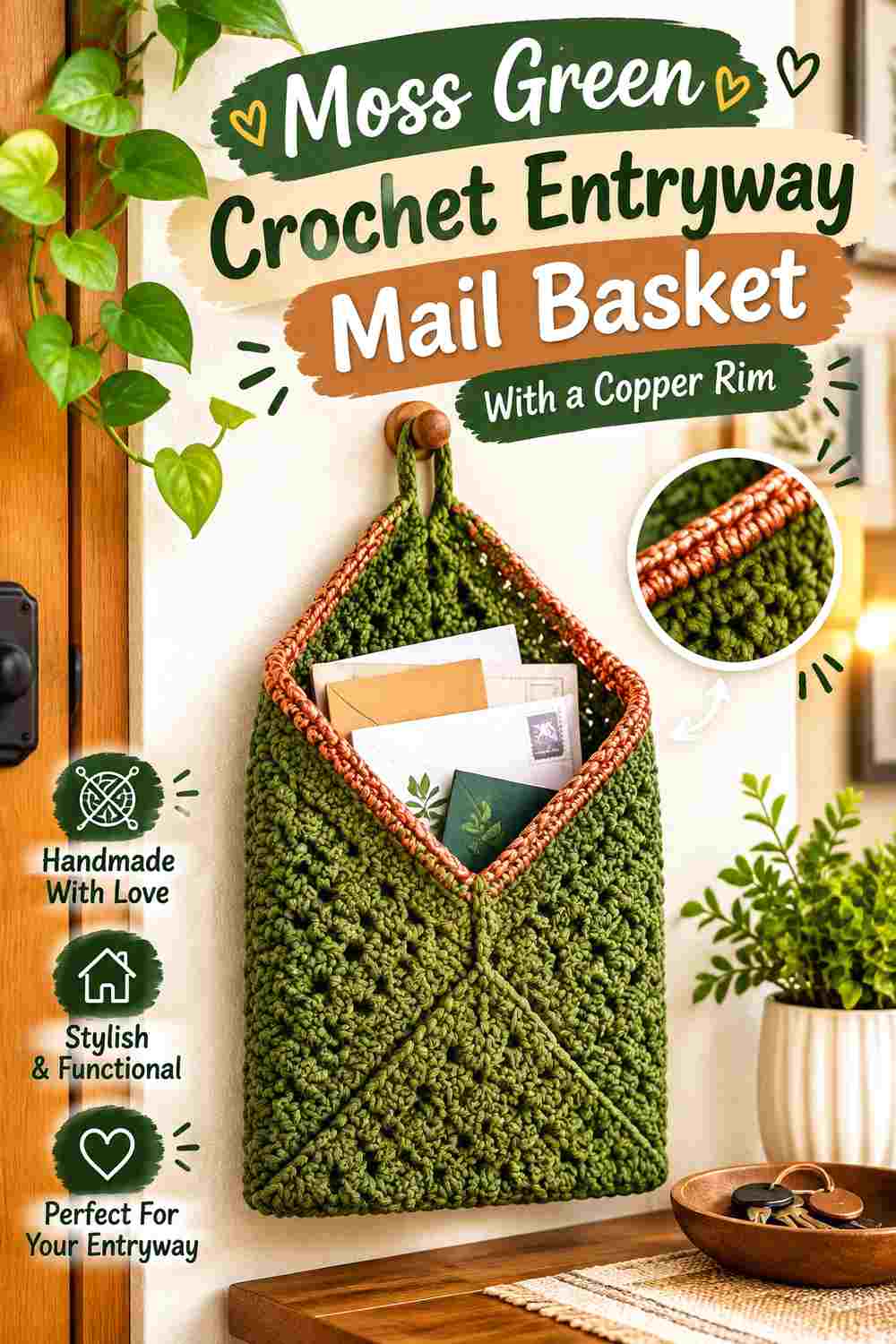 11. Moss Green Crochet Entryway Mail Basket With A Copper Rim