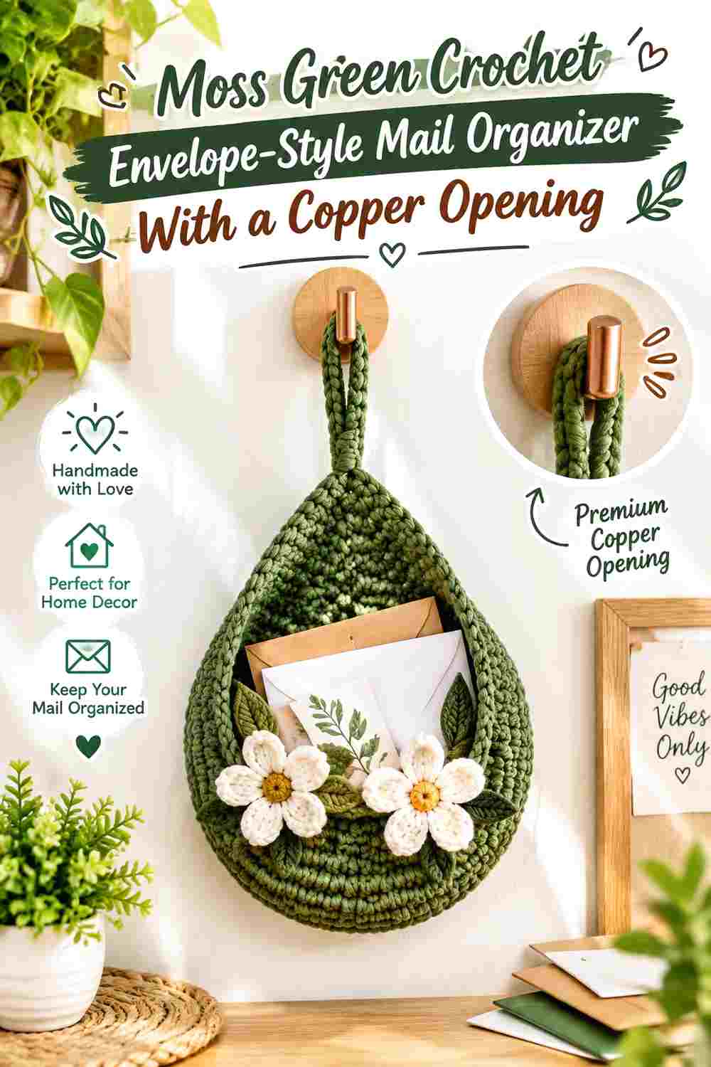5. Moss Green Crochet Envelope Style Mail Organizer With A Copper Opening