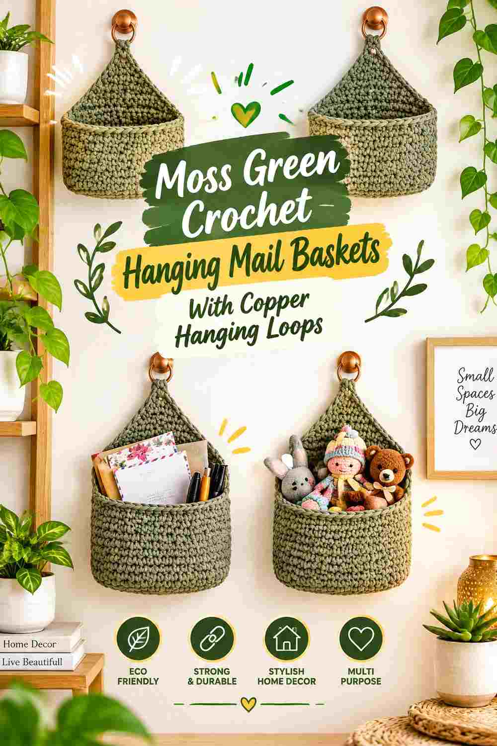 3. Moss Green Crochet Hanging Mail Baskets With Copper Hanging Loops