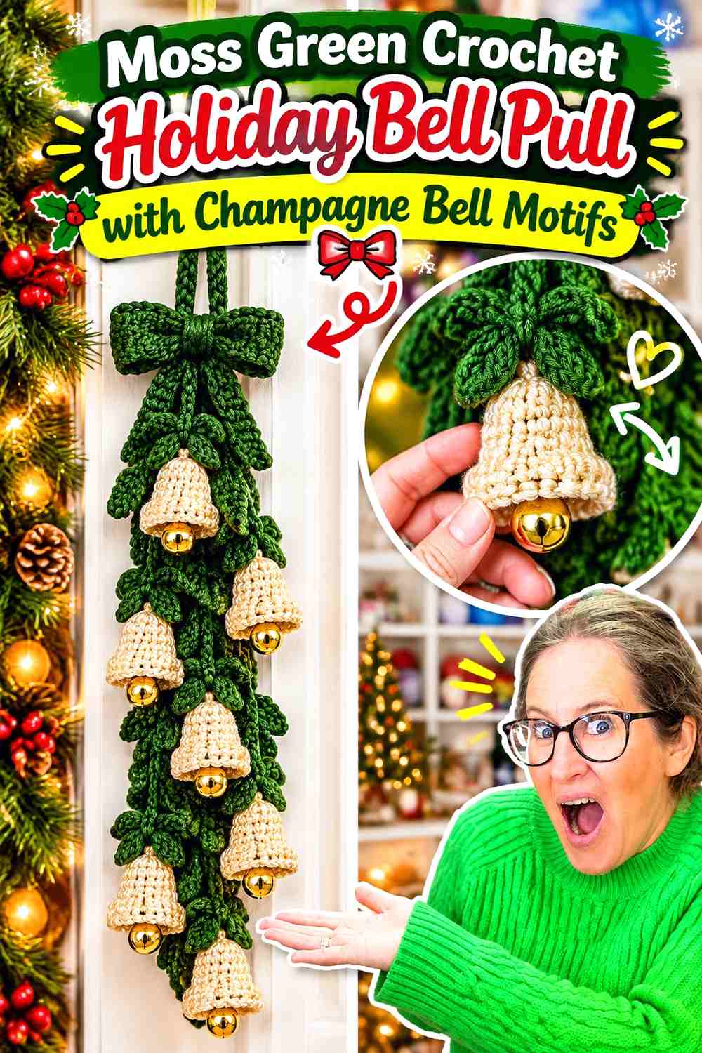 1. Moss Green Crochet Holiday Bell Pull With Champagne Bell Motifs