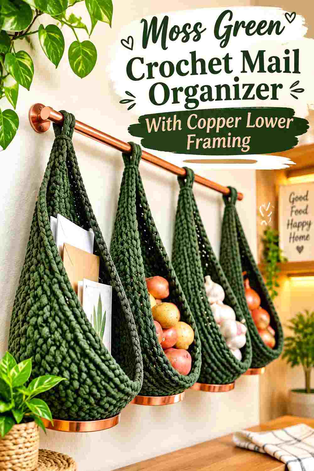 15. Moss Green Crochet Mail Organizer With Copper Lower Framing