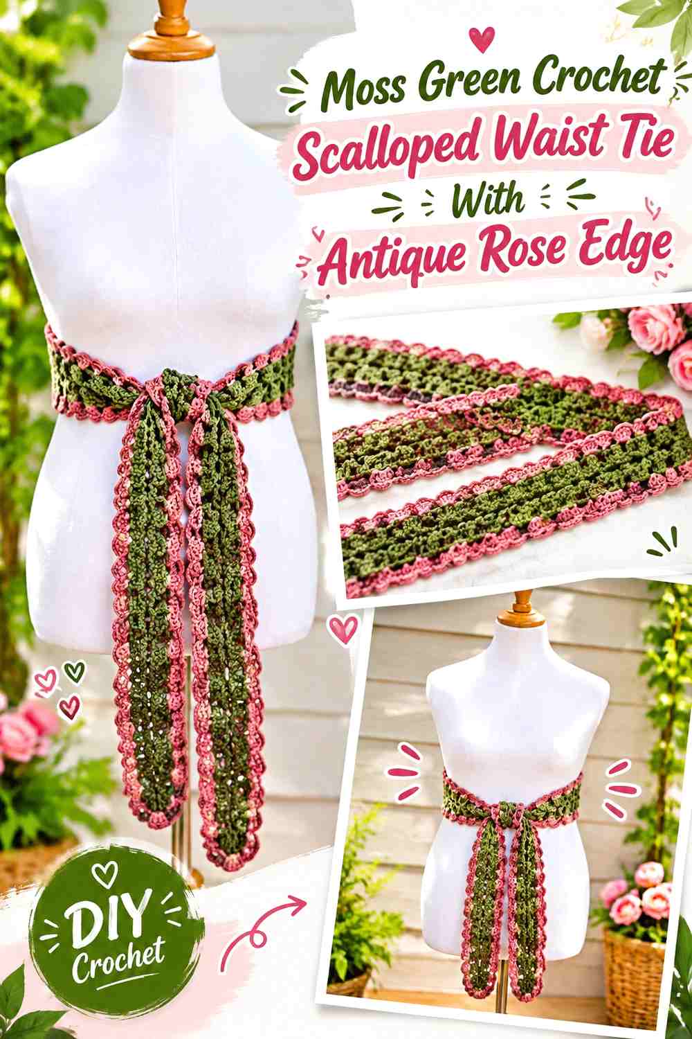 Moss Green Crochet Scalloped Waist Tie With Antique Rose Edge