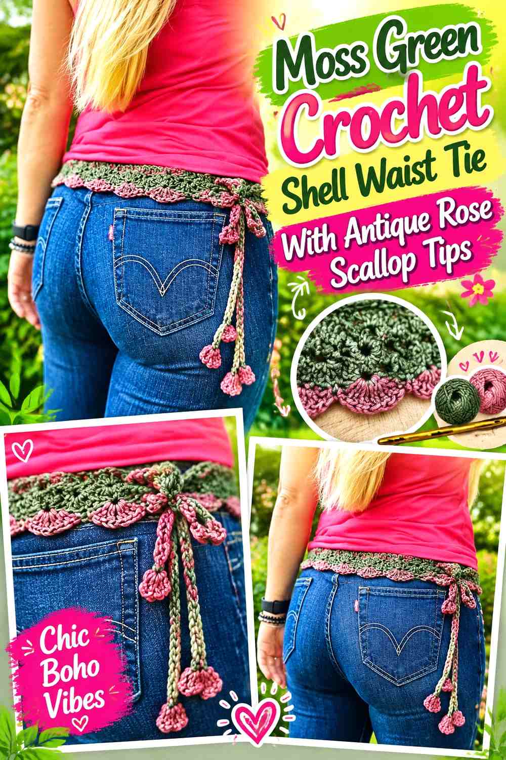 Moss Green Crochet Shell Waist Tie With Antique Rose Scallop Tips