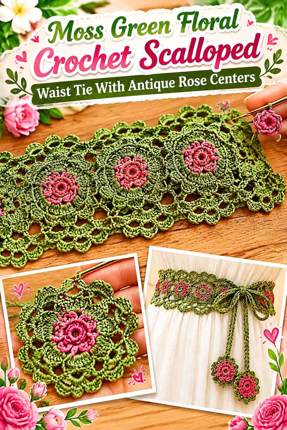 Moss Green Floral Crochet Scalloped Waist Tie With Antique Rose Centers