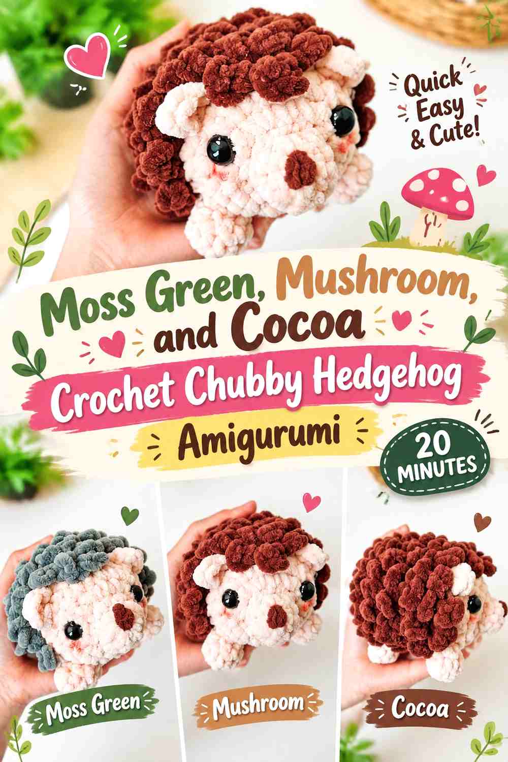 Moss Green, Mushroom, and Cocoa Crochet Chubby Hedgehog Amigurumi