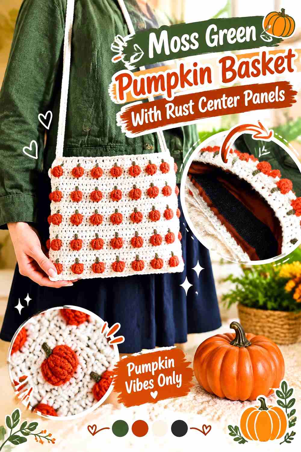 6. Moss Green Pumpkin Basket With Rust Center Panels