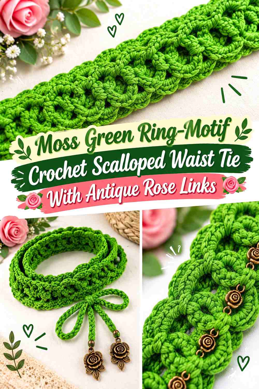Moss Green Ring-Motif Crochet Scalloped Waist Tie With Antique Rose Links