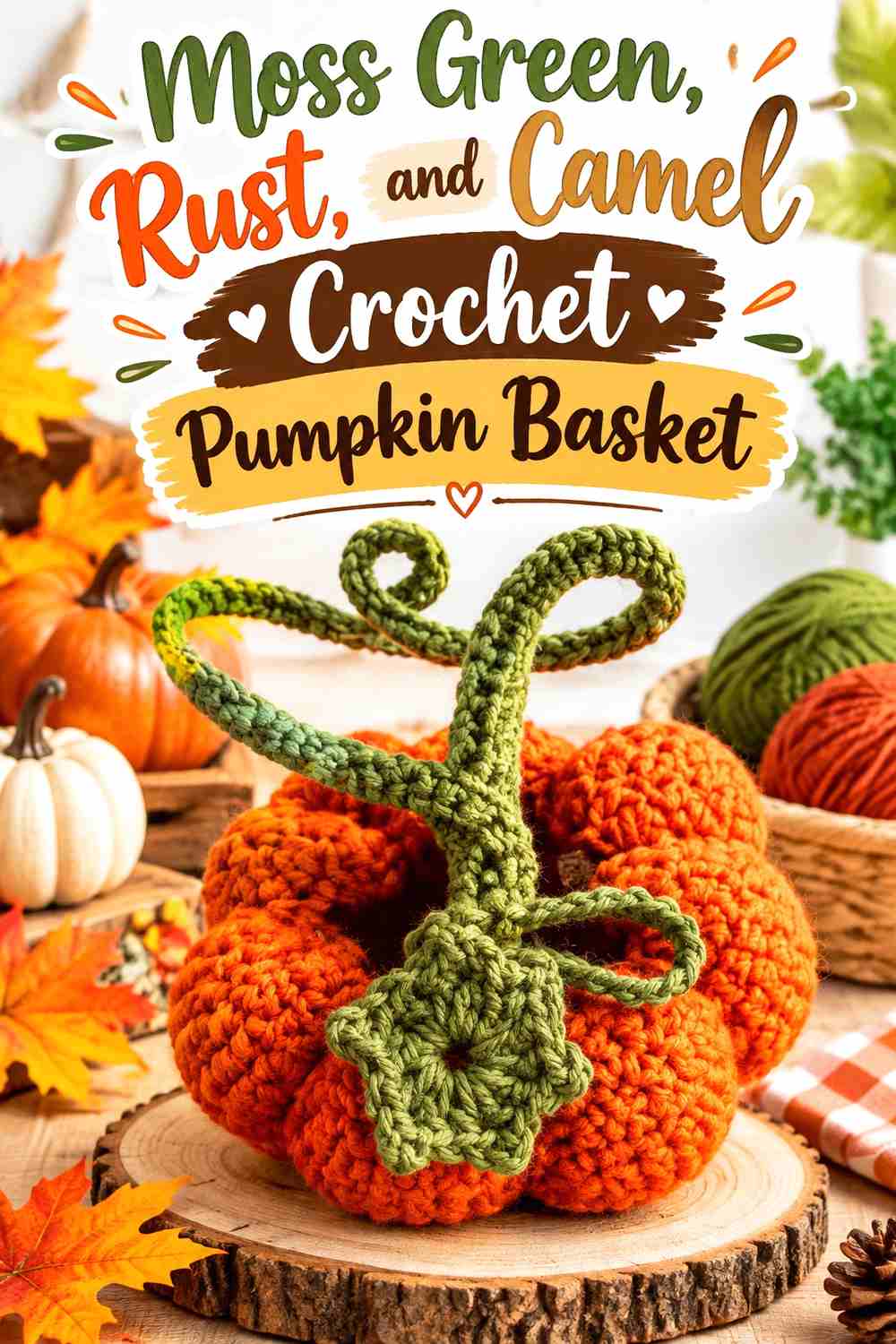 16. Moss Green Rust And Camel Crochet Pumpkin Basket
