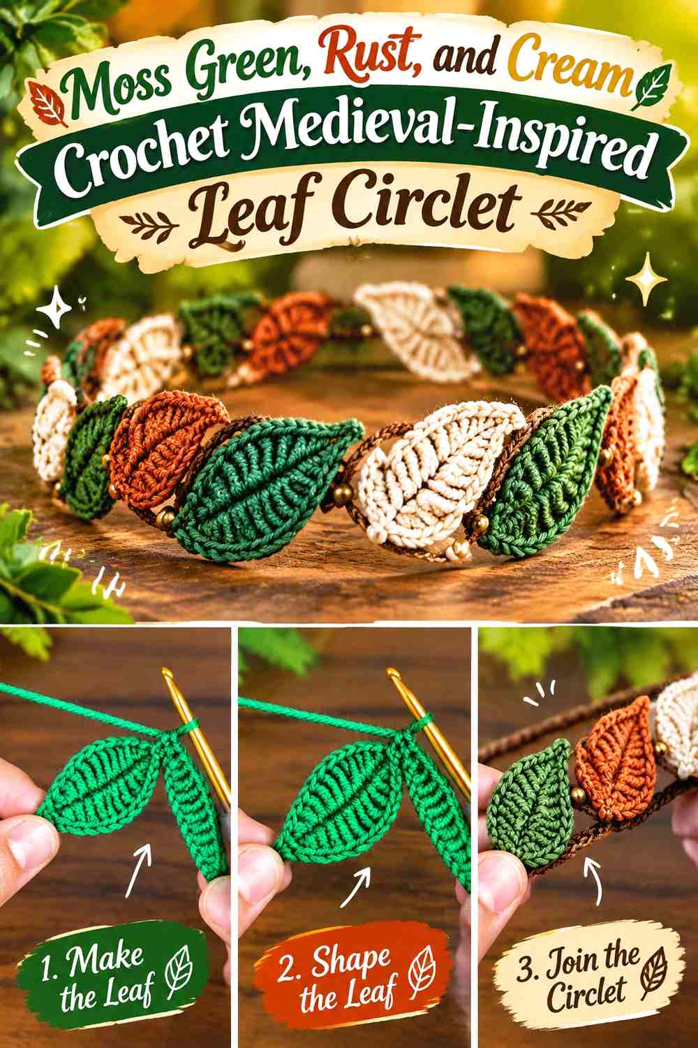 Moss Green, Rust, and Cream Crochet Medieval-Inspired Leaf Circlet
