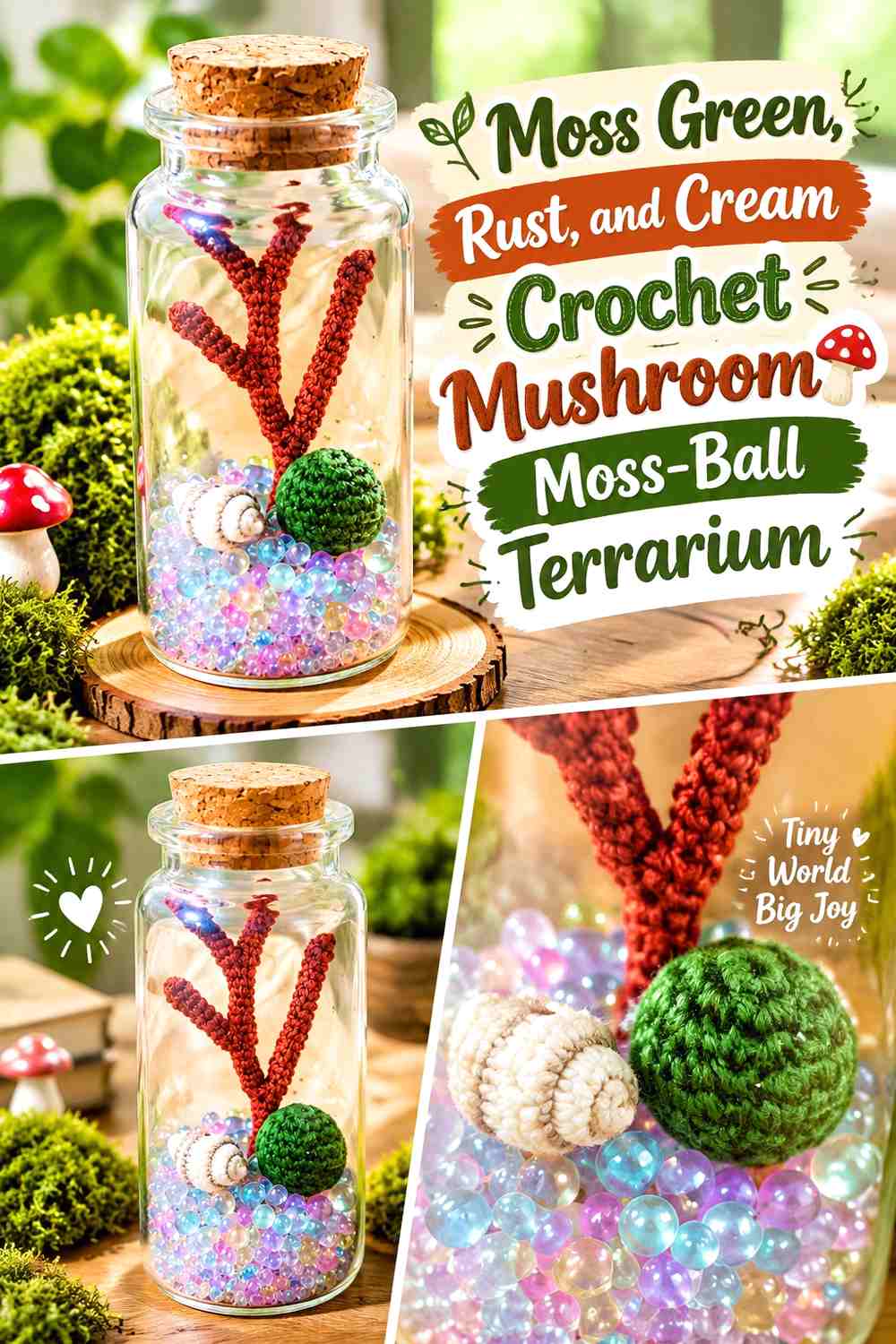 Moss Green, Rust, and Cream Crochet Mushroom Moss-Ball Terrarium