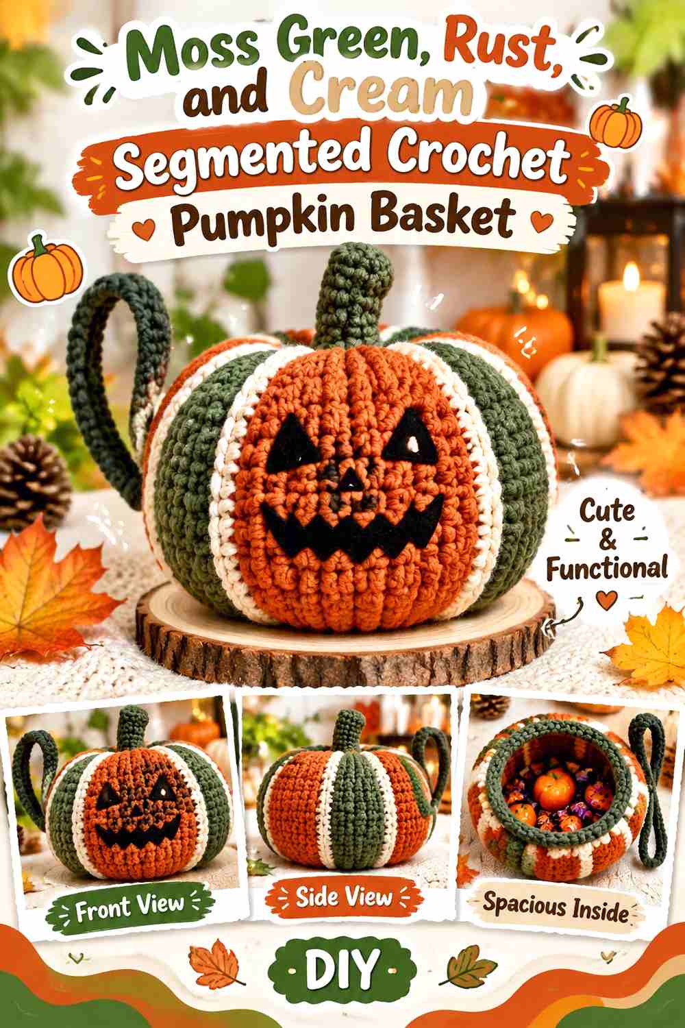 3. Moss Green Rust And Cream Segmented Crochet Pumpkin Basket