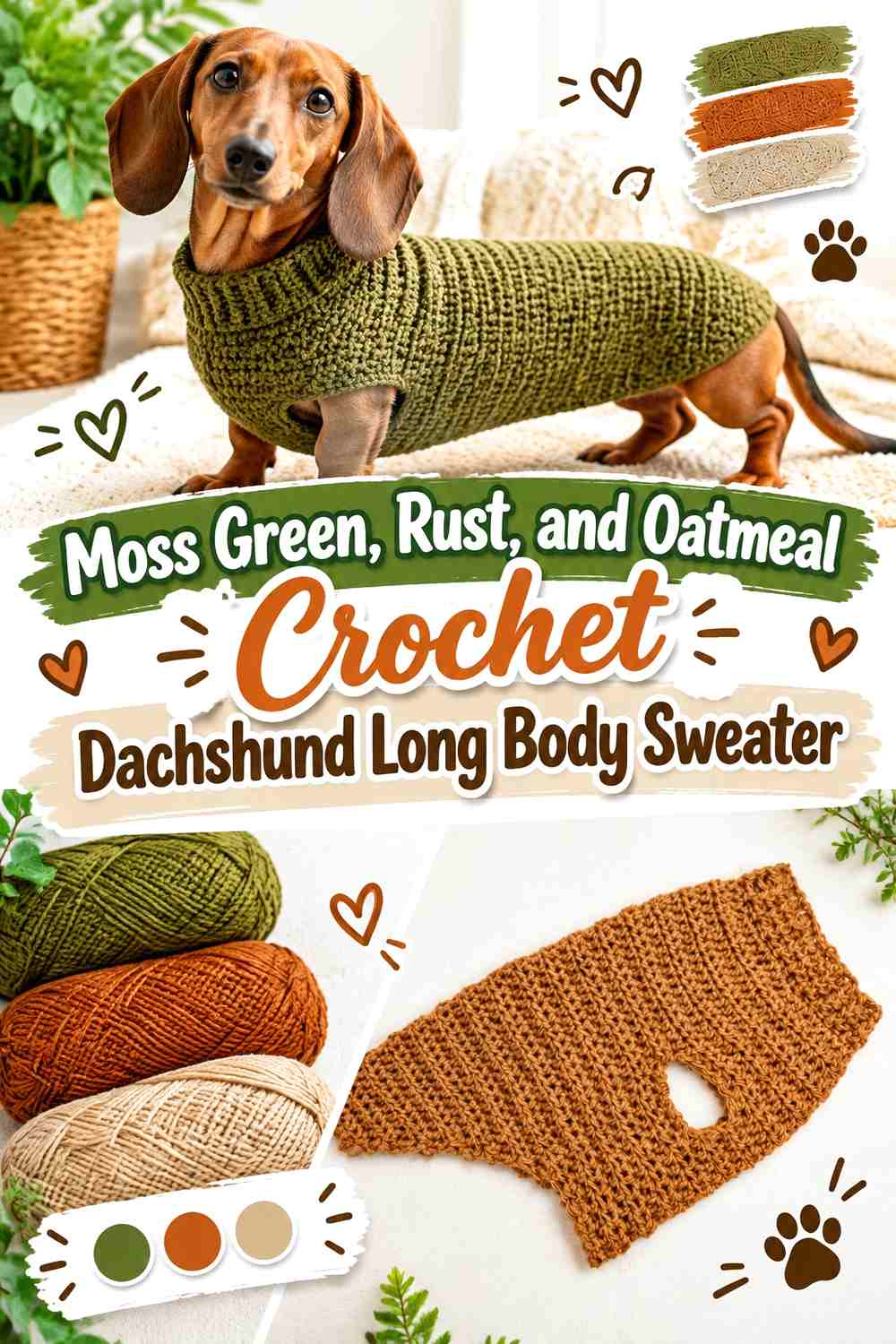 Moss Green, Rust, and Oatmeal Crochet Dachshund Long Body Sweater