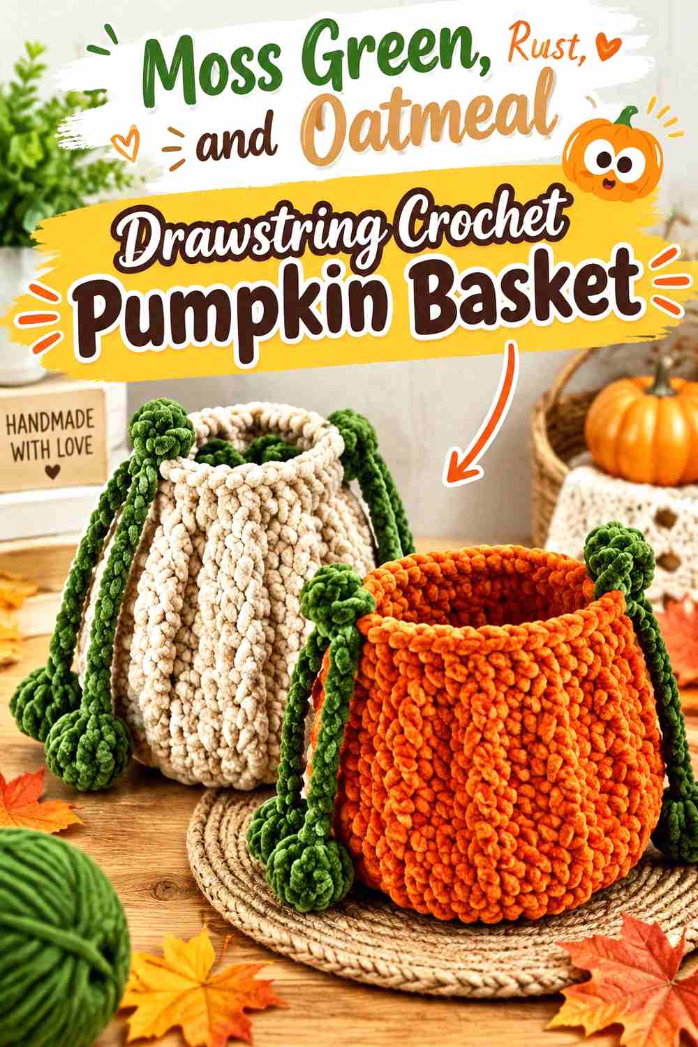 7. Moss Green Rust And Oatmeal Drawstring Crochet Pumpkin Basket