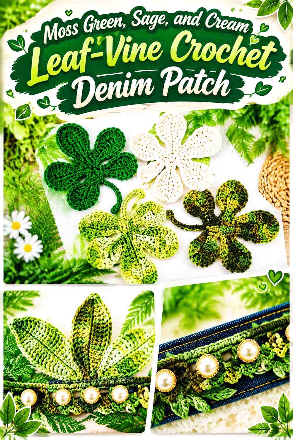 Moss Green, Sage, and Cream Leaf-Vine Crochet Denim Patch