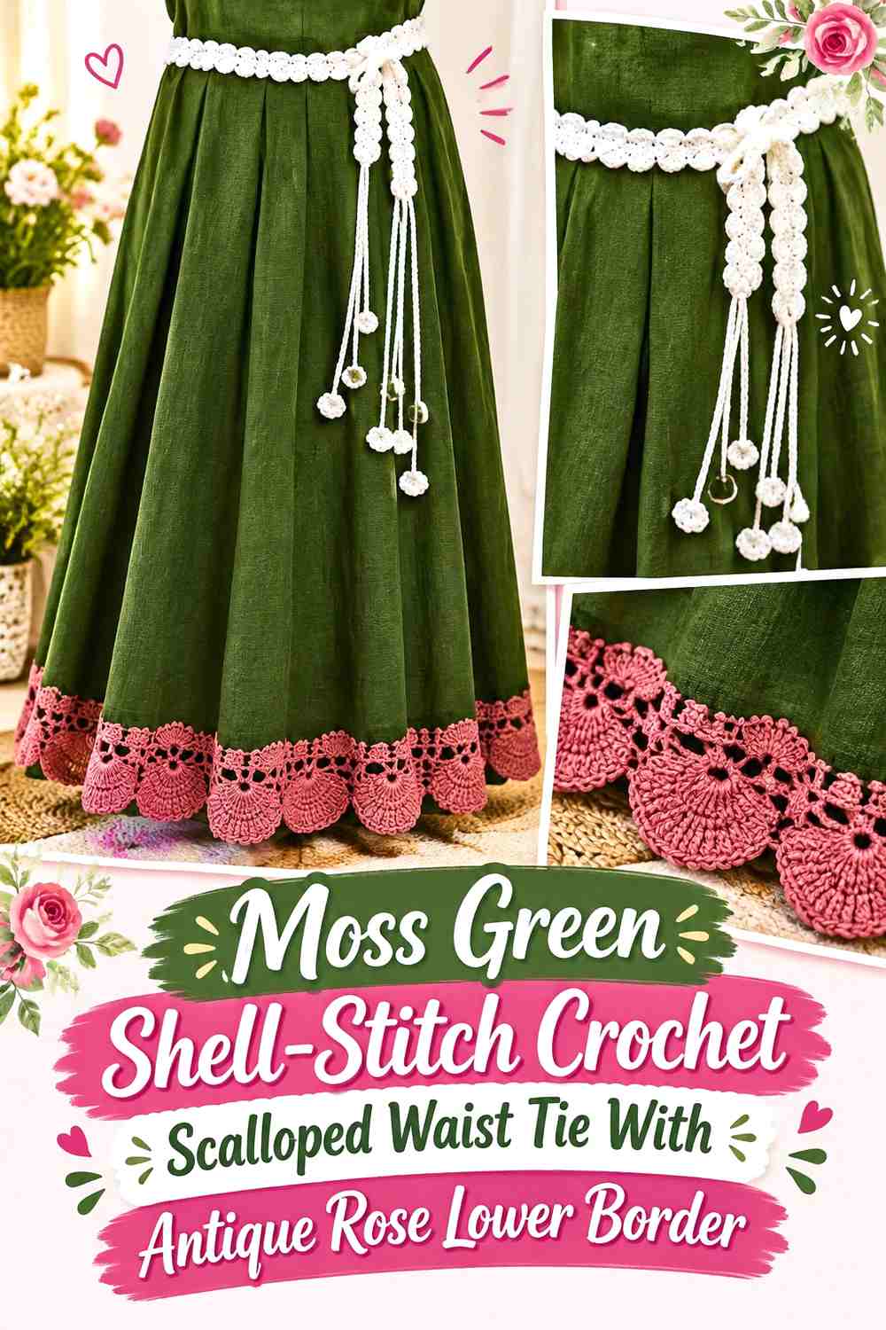 Moss Green Shell-Stitch Crochet Scalloped Waist Tie With Antique Rose Lower Border