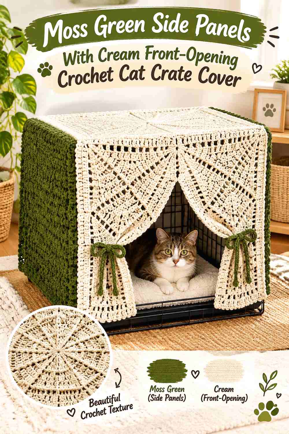 Moss Green Side Panels With Cream Front-Opening Crochet Cat Crate Cover