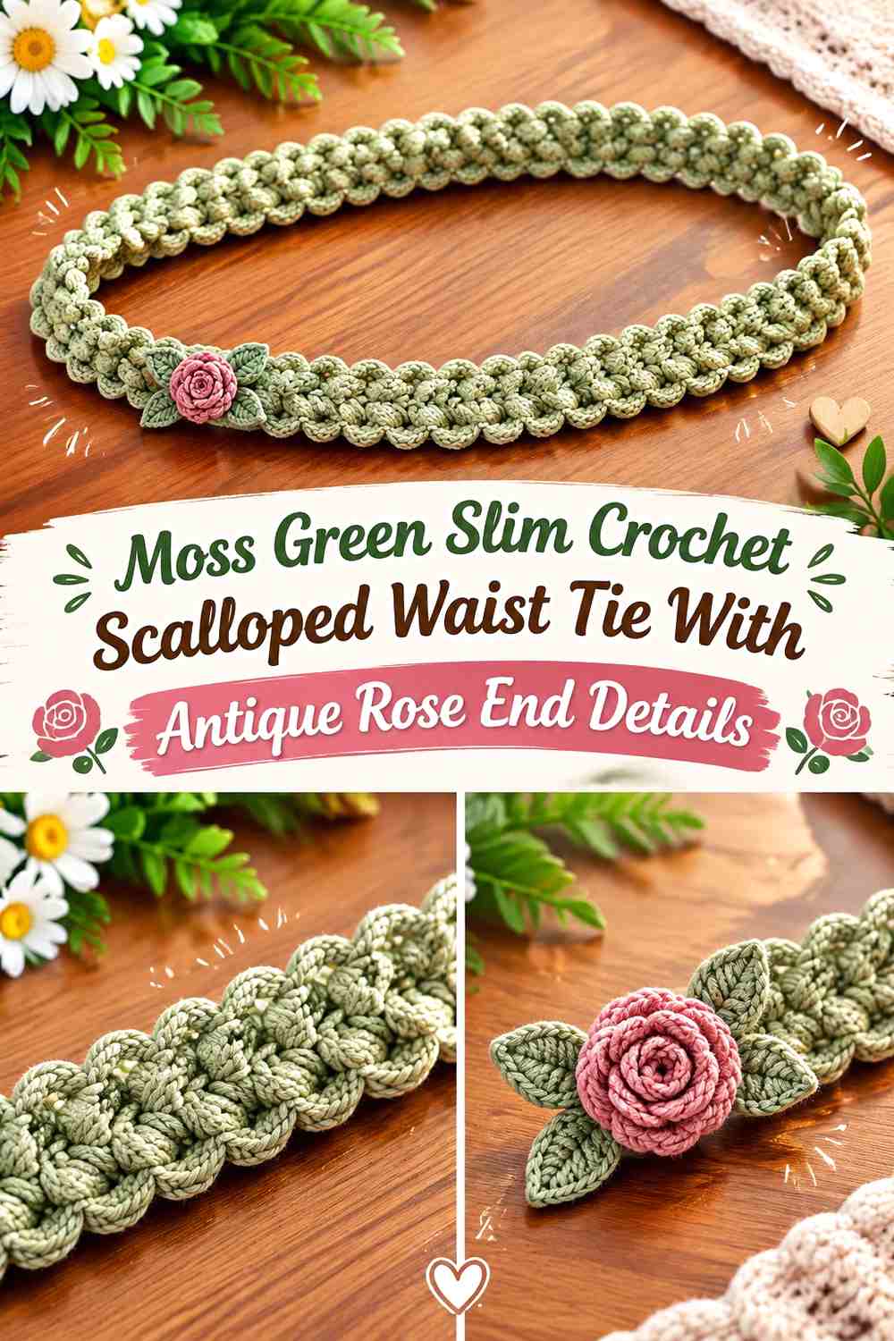 Moss Green Slim Crochet Scalloped Waist Tie With Antique Rose End Details
