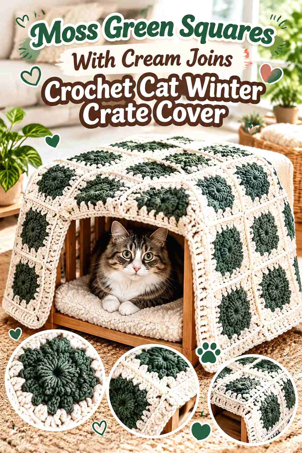 Moss Green Squares With Cream Joins Crochet Cat Winter Crate Cover