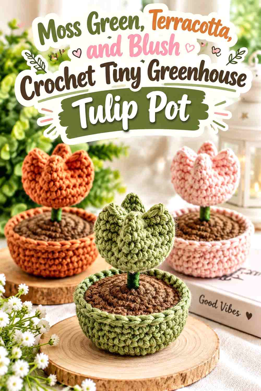 Moss Green, Terracotta, and Blush Crochet Tiny Greenhouse Tulip Pot