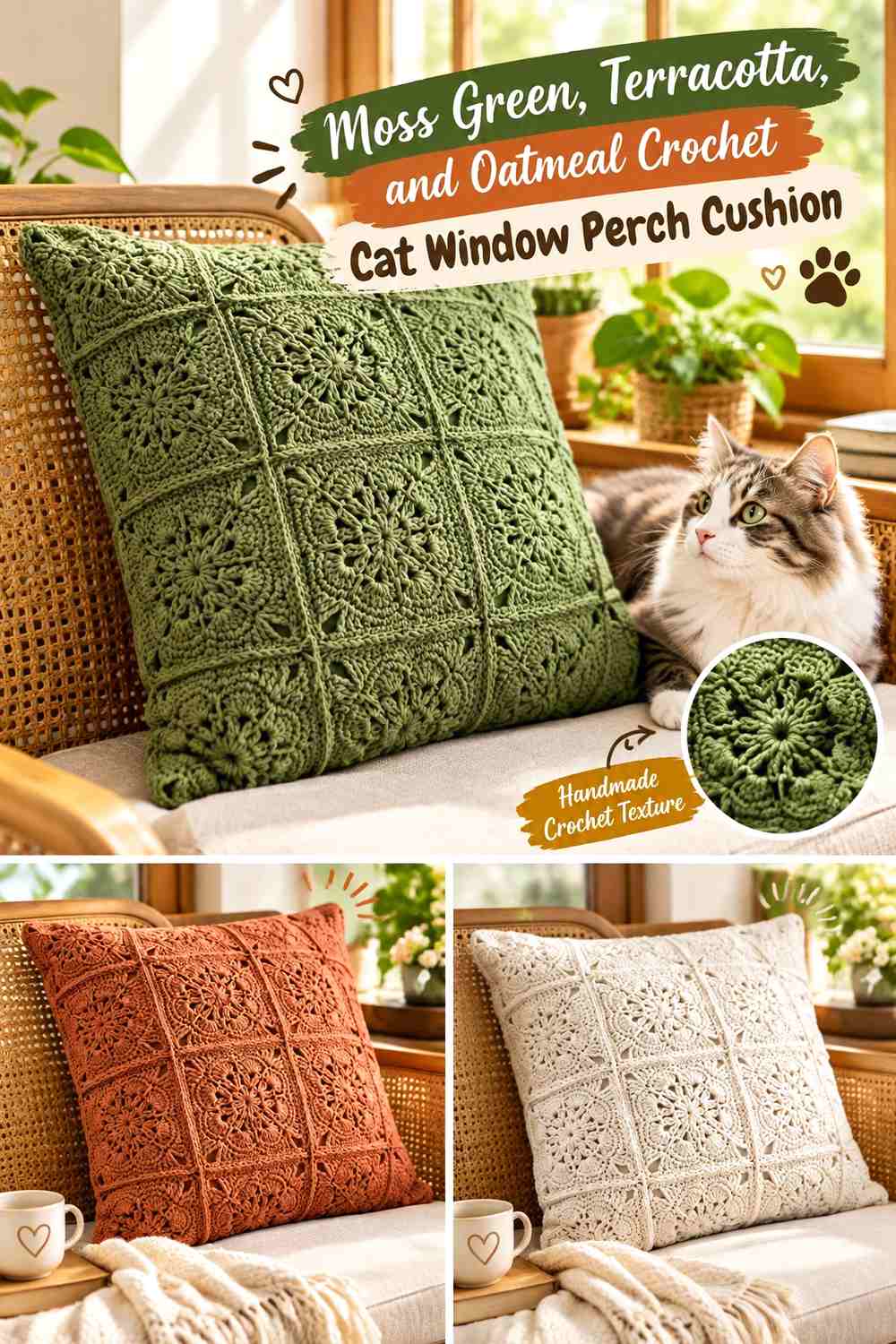 Moss Green, Terracotta, and Oatmeal Crochet Cat Window Perch Cushion