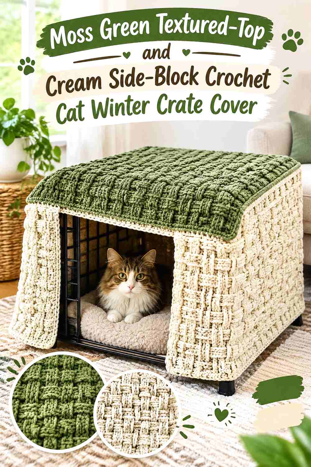 Moss Green Textured-Top and Cream Side-Block Crochet Cat Winter Crate Cover