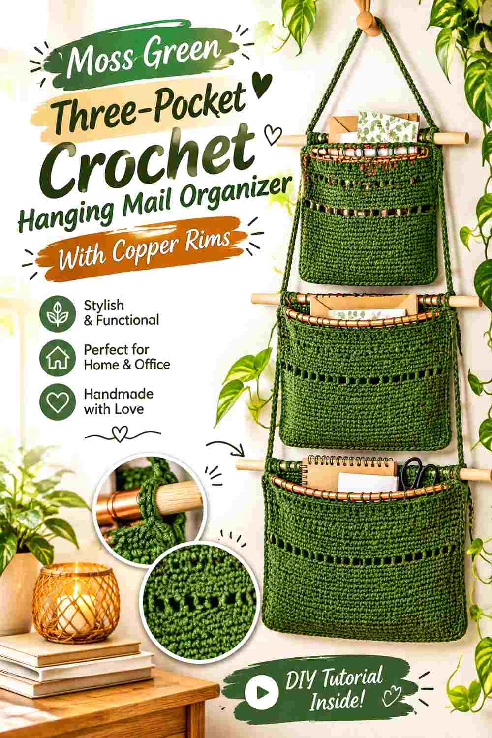 1. Moss Green Three Pocket Crochet Hanging Mail Organizer With Copper Rims