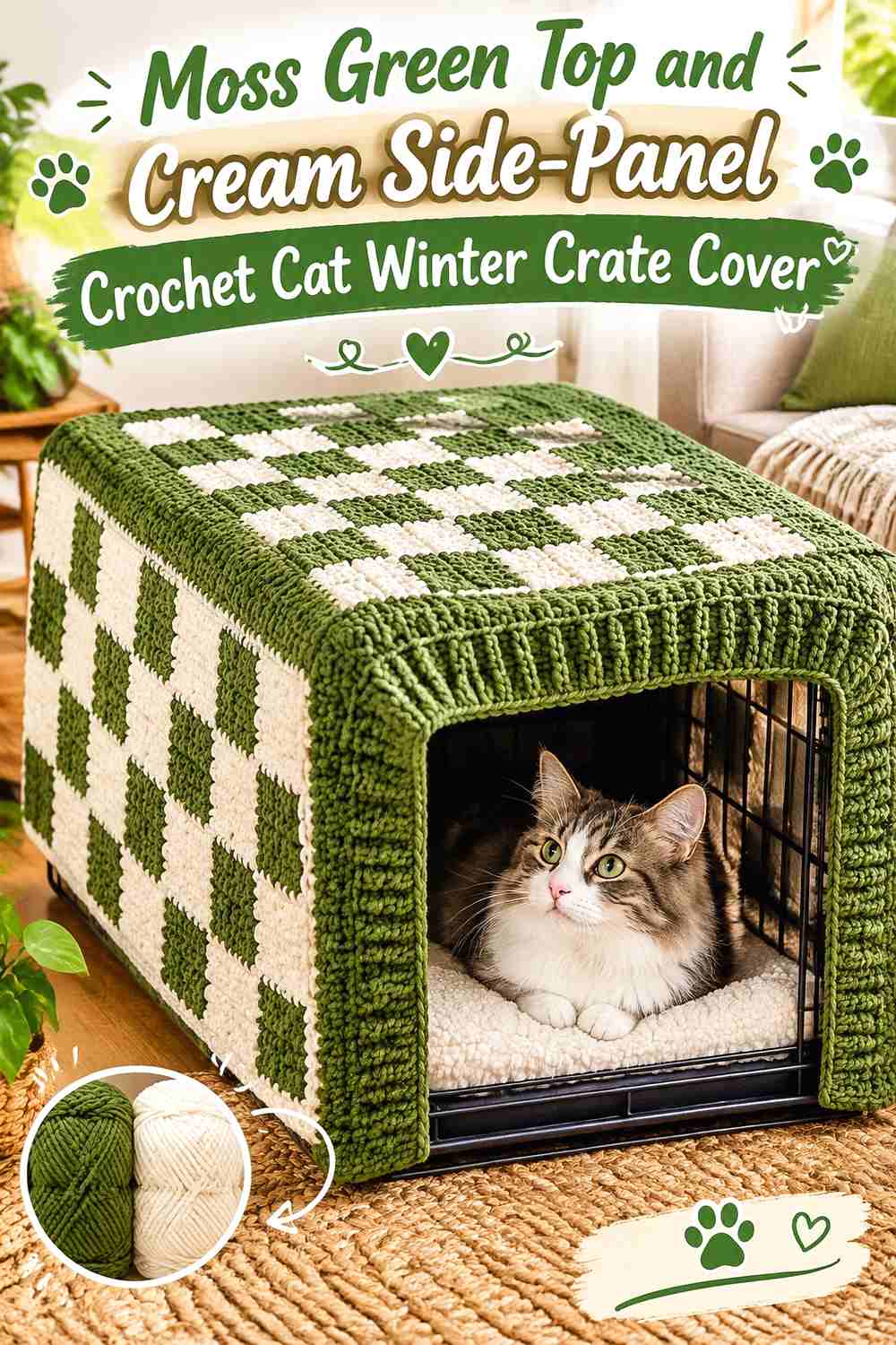 Moss Green Top and Cream Side-Panel Crochet Cat Winter Crate Cover