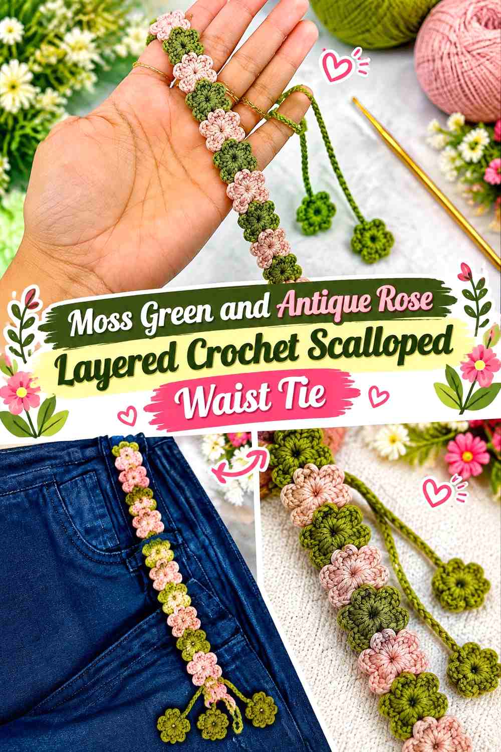 Moss Green and Antique Rose Layered Crochet Scalloped Waist Tie