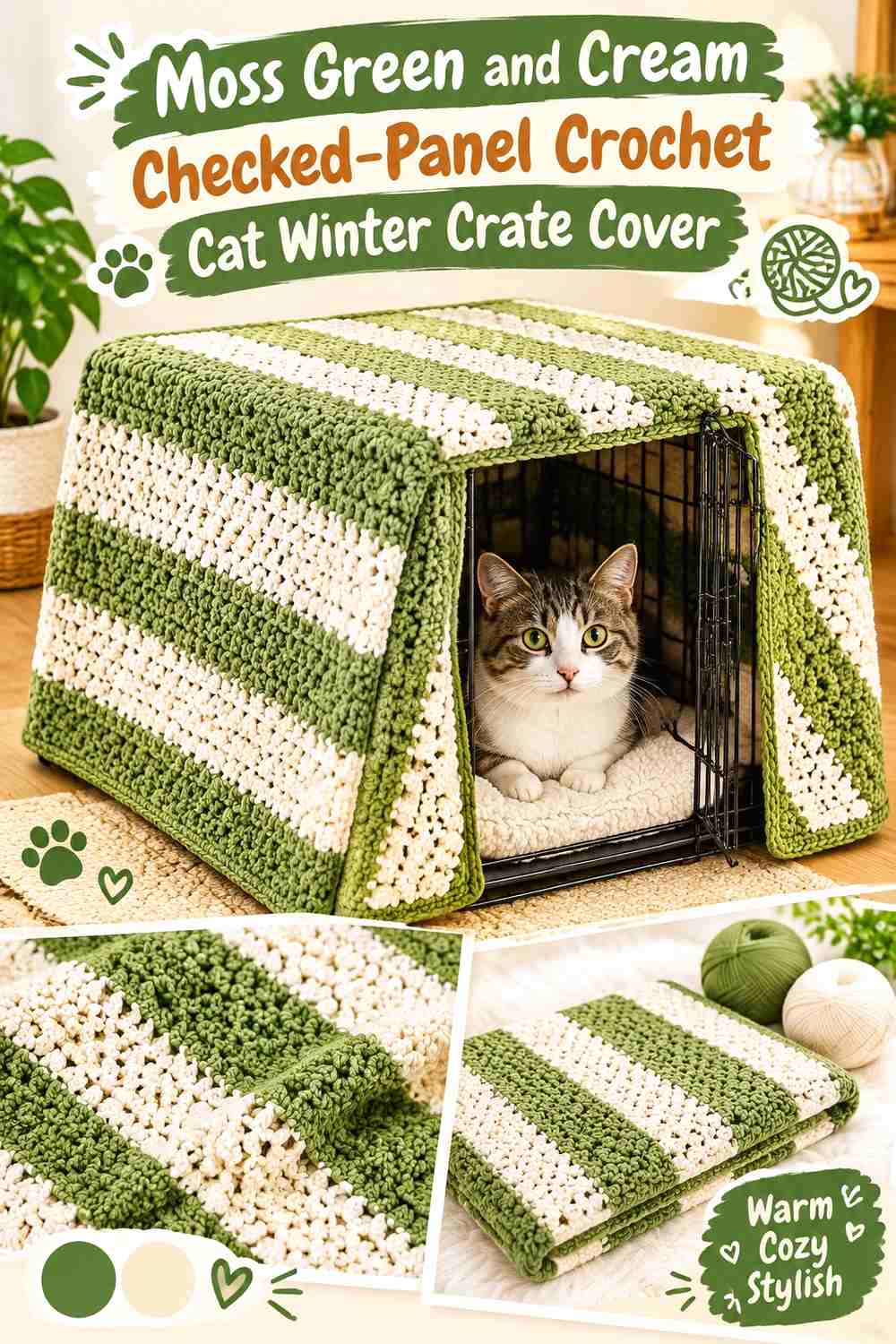 Moss Green and Cream Checked-Panel Crochet Cat Winter Crate Cover