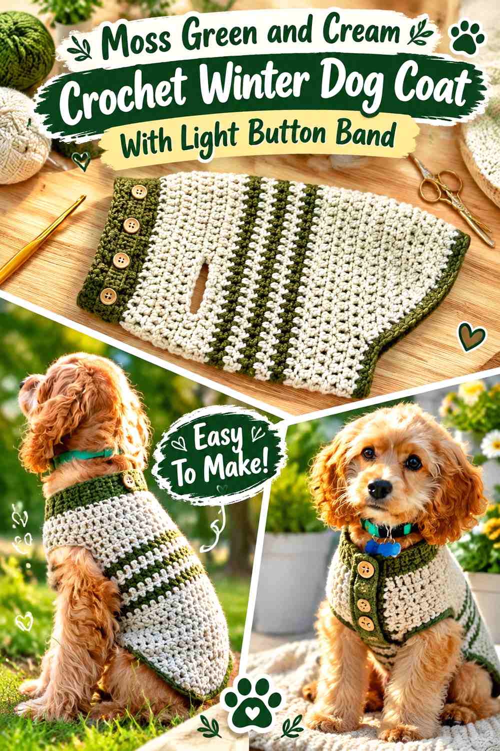 Moss Green and Cream Crochet Winter Dog Coat With Light Button Band