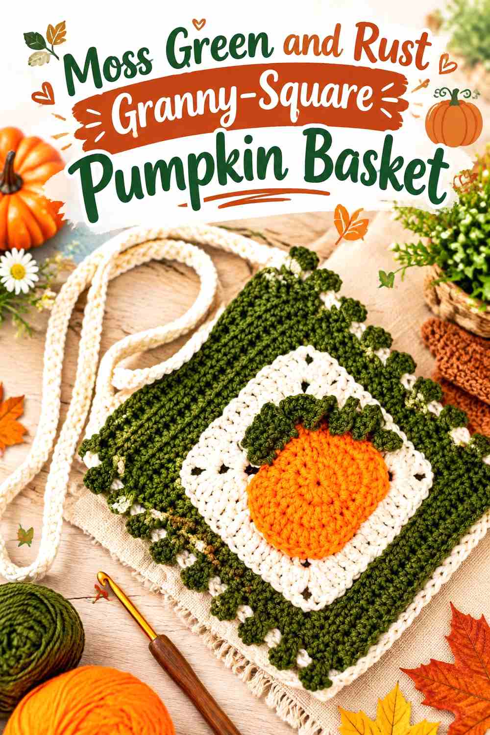 10. Moss Green And Rust Granny Square Pumpkin Basket