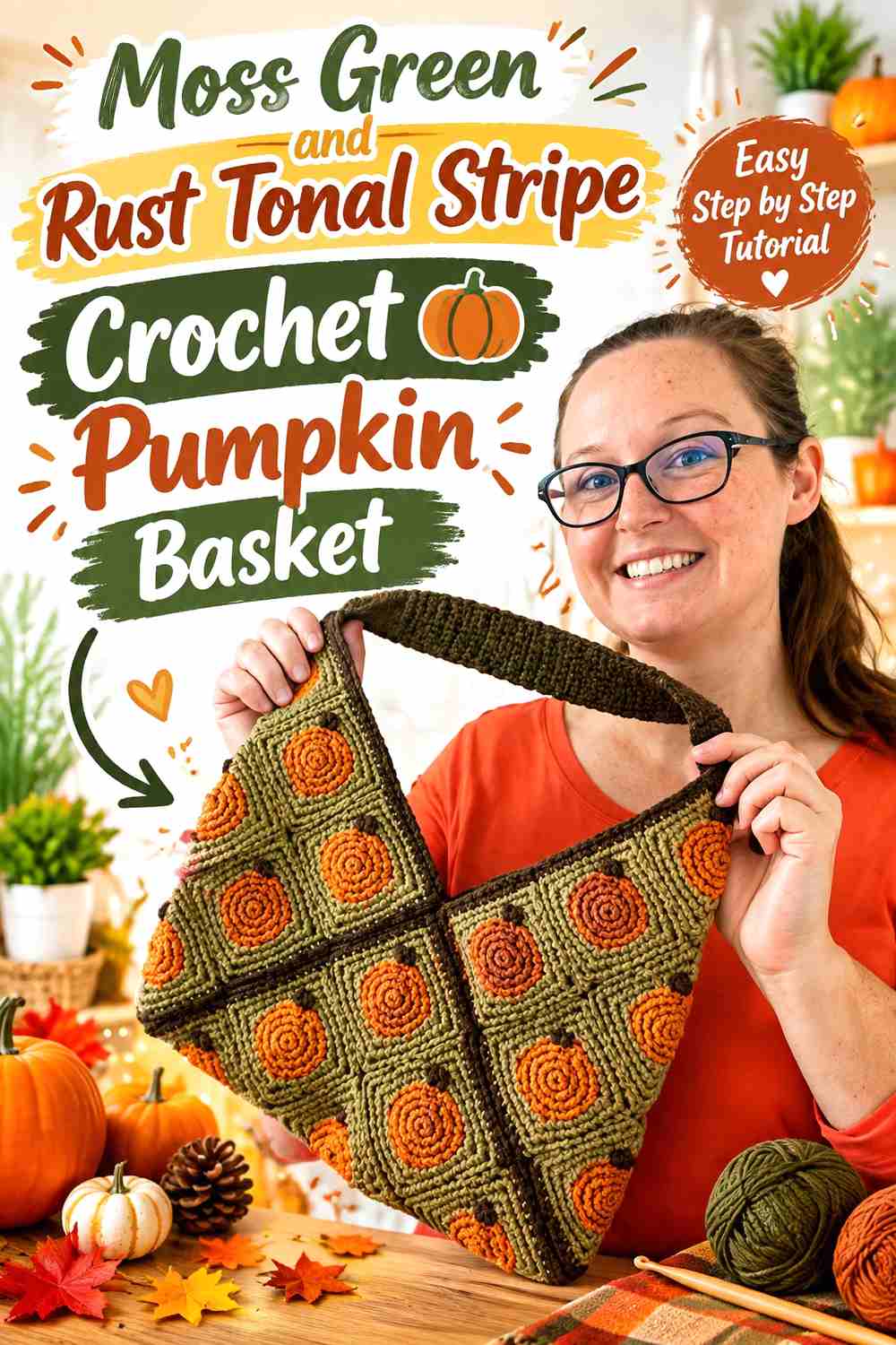 4. Moss Green And Rust Tonal Stripe Crochet Pumpkin Basket