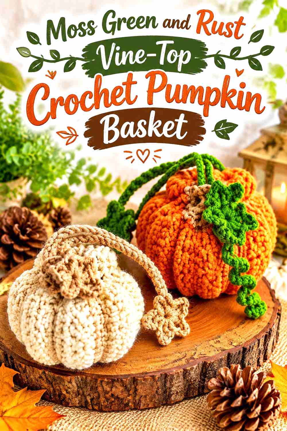 15. Moss Green And Rust Vine Top Crochet Pumpkin Basket