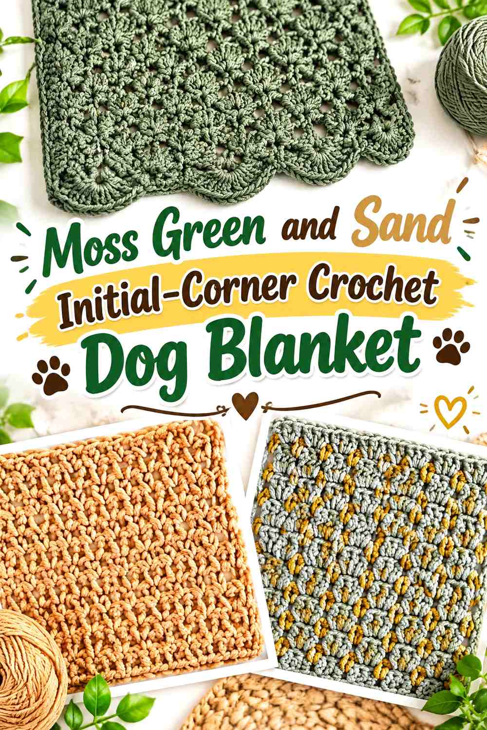 Moss Green and Sand Initial-Corner Crochet Dog Blanket