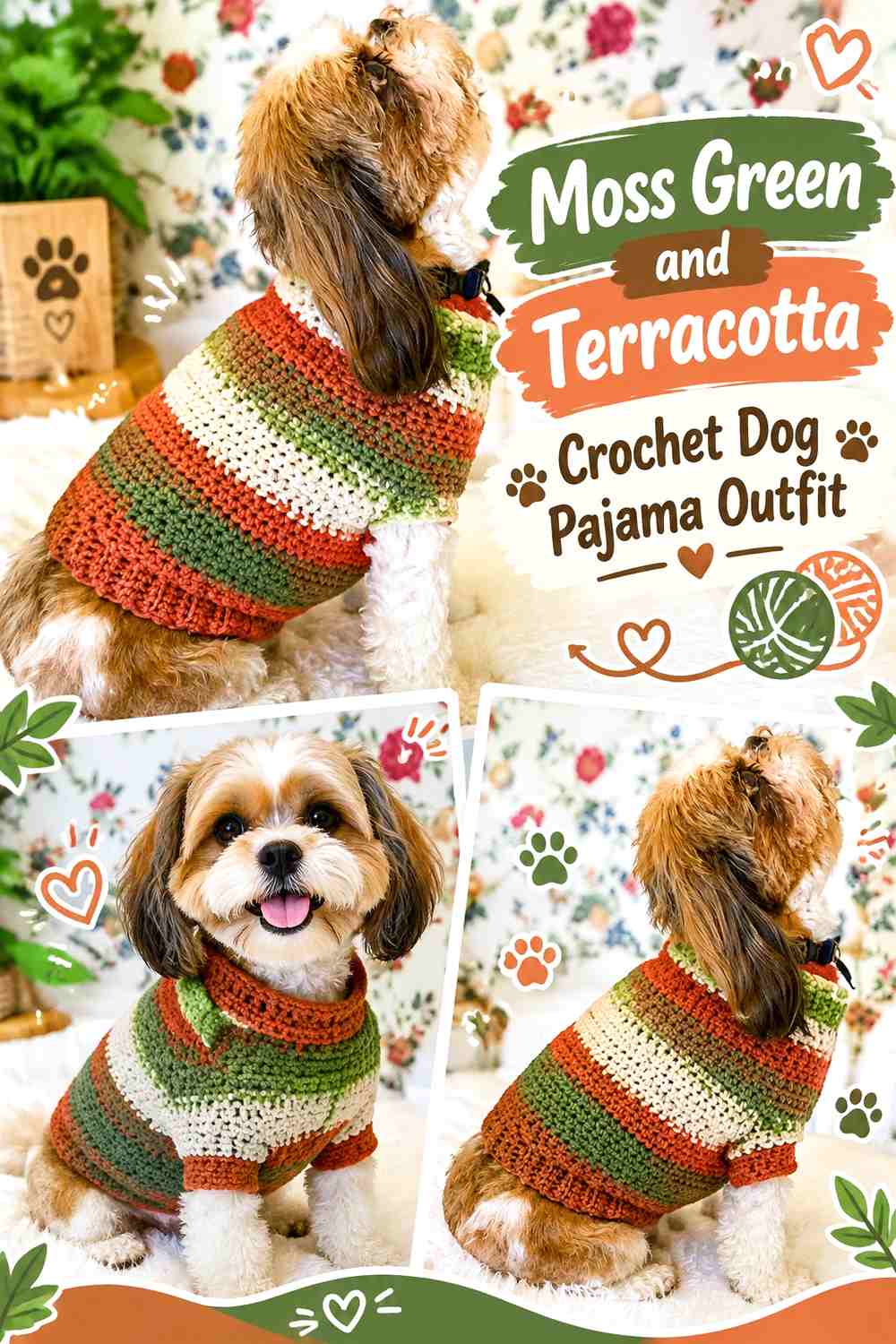 Moss Green and Terracotta Crochet Dog Pajama Outfit