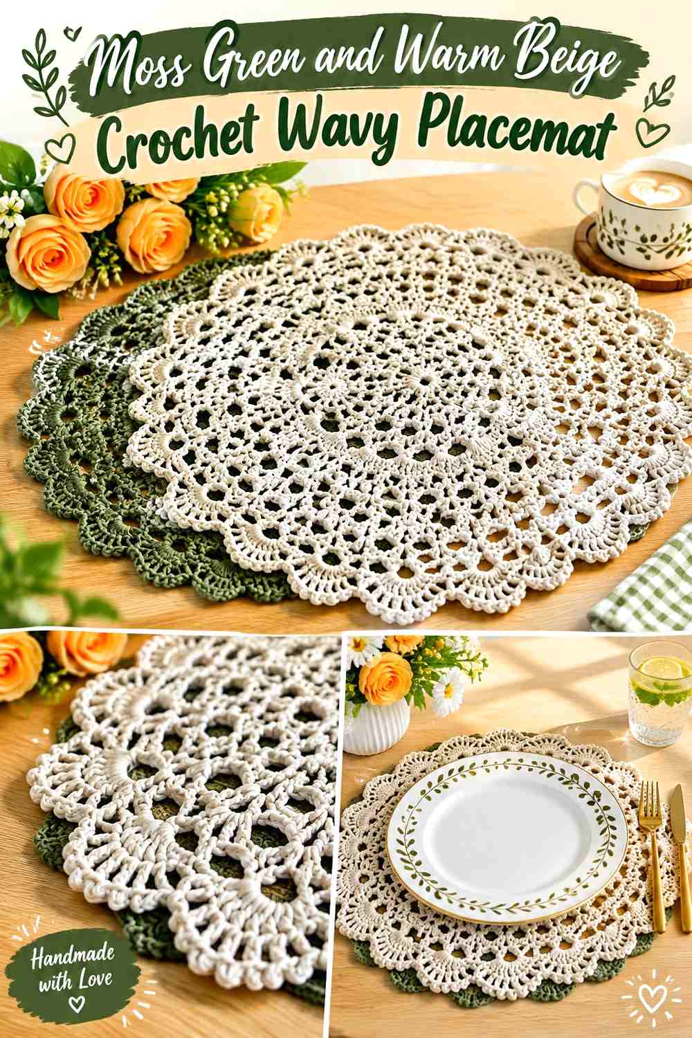 Moss Green and Warm Beige Crochet Wavy Placemat