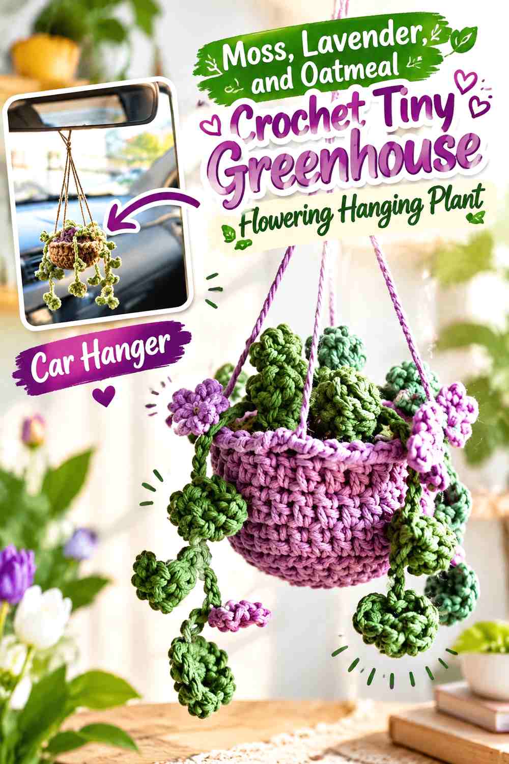 Moss, Lavender, and Oatmeal Crochet Tiny Greenhouse Flowering Hanging Plant