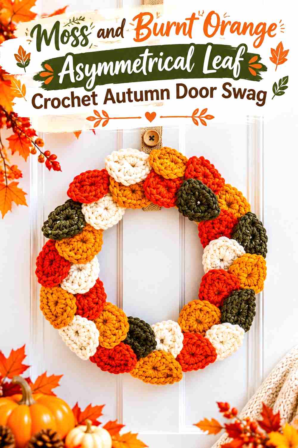 9. Moss And Burnt Orange Asymmetrical Leaf Crochet Autumn Door Swag