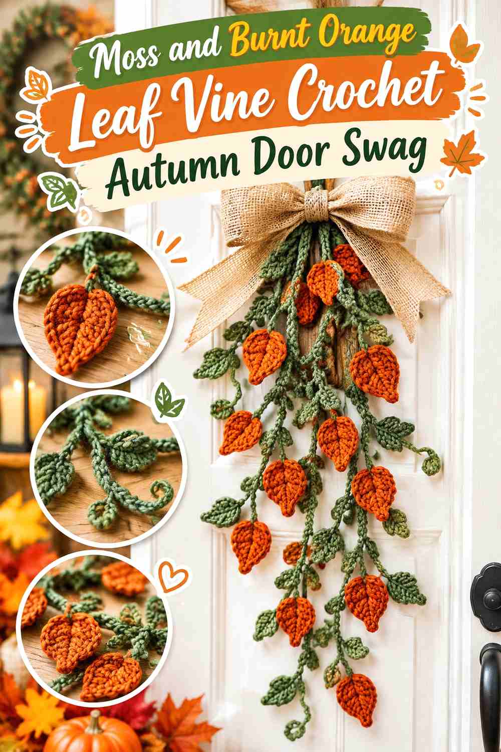 5. Moss And Burnt Orange Leaf Vine Crochet Autumn Door Swag