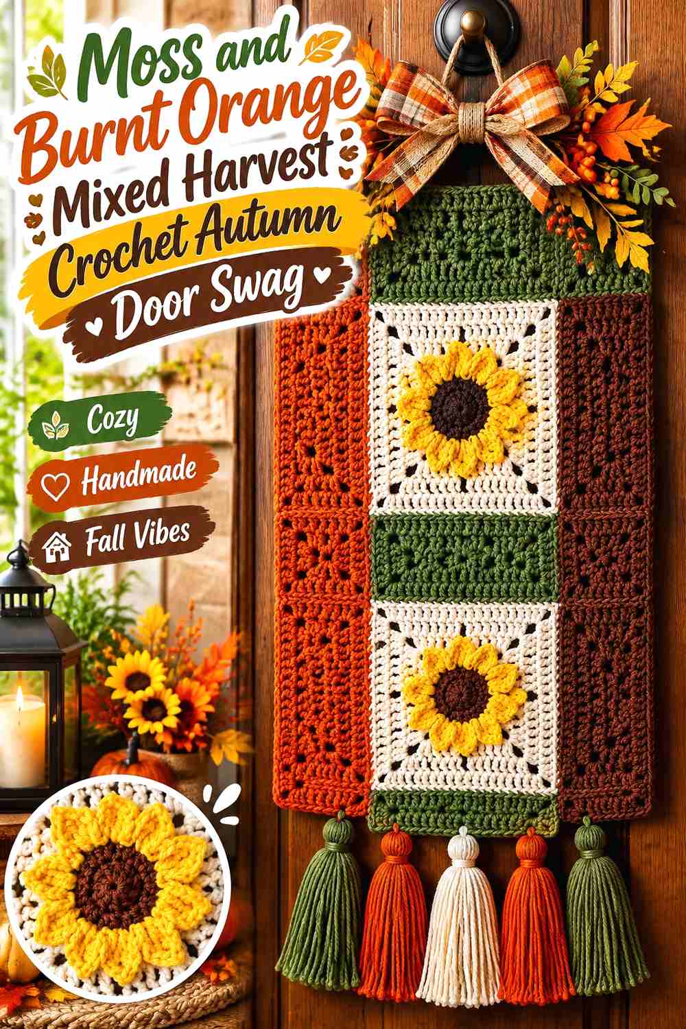 15. Moss And Burnt Orange Mixed Harvest Crochet Autumn Door Swag
