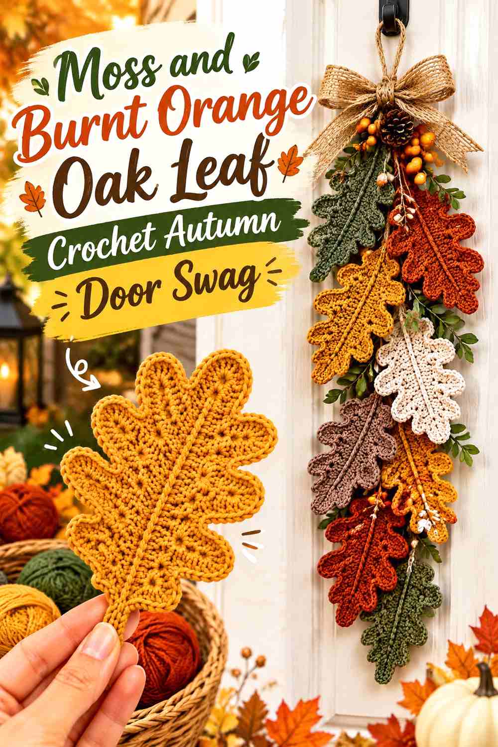 3. Moss And Burnt Orange Oak Leaf Crochet Autumn Door Swag