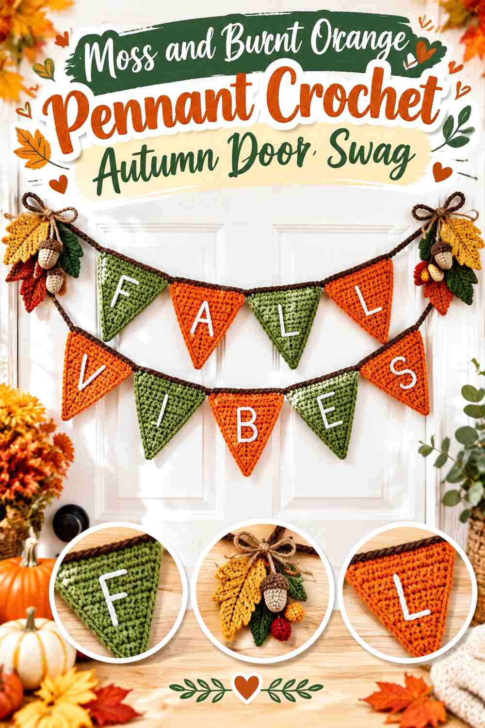 7. Moss And Burnt Orange Pennant Crochet Autumn Door Swag